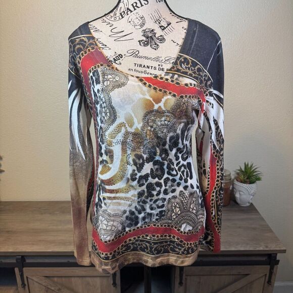 Vintage Cache Y2k Long Sleeve Lightweight Blouse Rhinestone Animal Print Size M - Picture 1 of 10